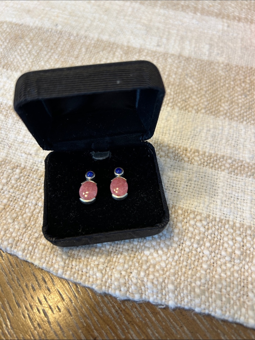 sterling silver pink rhodochrosite and blue lapis earrings marked  “925 CT”